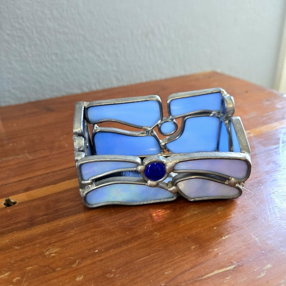 Stained Glass Metal Blue Handmade Business Card Holder Vintage - Picture 2 of 5